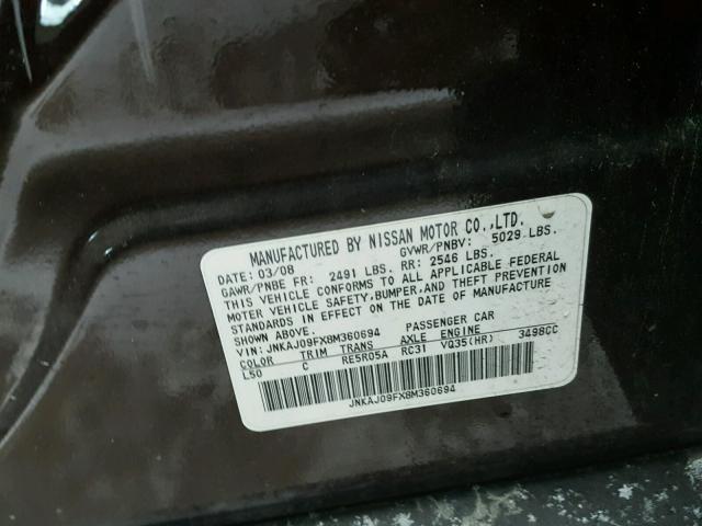 JNKAJ09FX8M360694 - 2008 INFINITI EX35 BASE MAROON photo 10