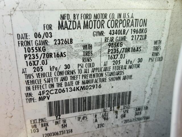 4F2CZ06134KM02916 - 2004 MAZDA TRIBUTE ES 白色 照片 10