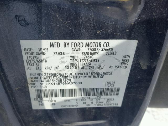 1FTPX14576NA67633 - 2006 FORD F150 BLUE photo 10