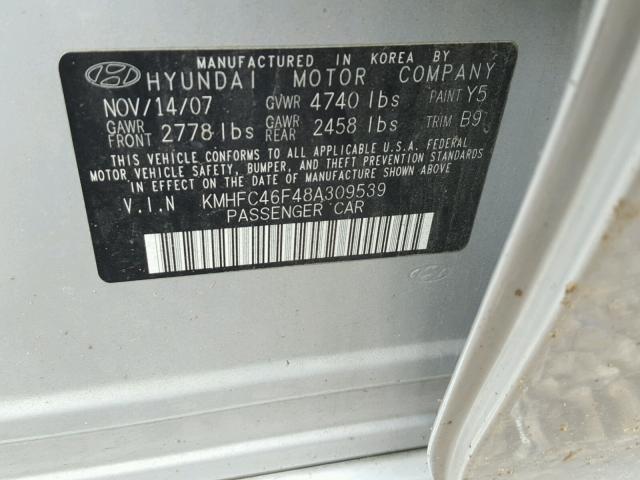 KMHFC46F48A309539 - 2008 HYUNDAI AZERA SE SILVER photo 10