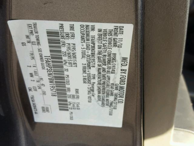 1FAHP3EN7BW195718 - 2011 FORD FOCUS S GRAY photo 10