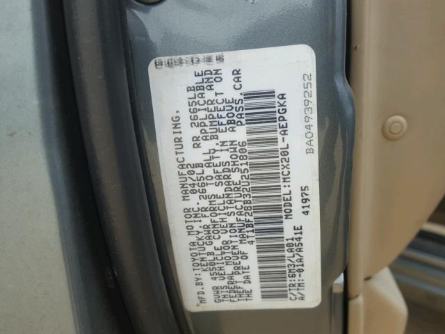 4T1BF28B32U251806 - 2002 TOYOTA AVALON XL GRAY photo 10