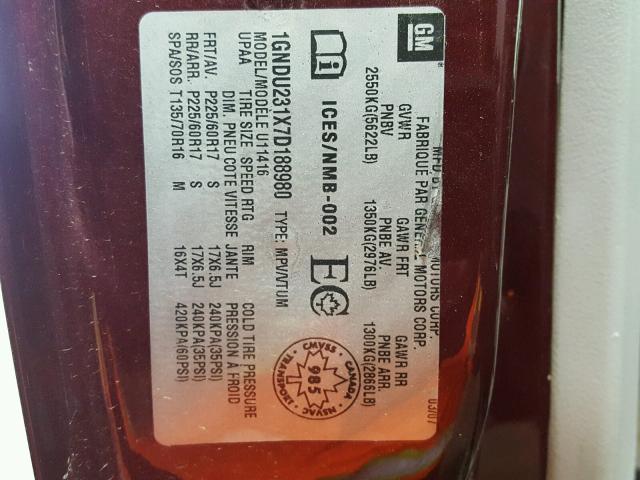 1GNDU231X7D188980 - 2007 CHEVROLET UPLANDER L 勃艮第红 照片 10