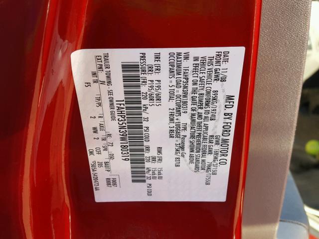 1FAHP35N39W180319 - 2009 FORD FOCUS SE RED photo 10