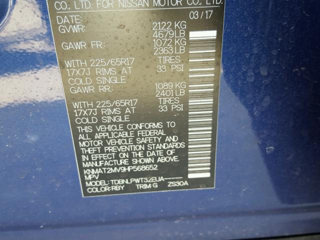 KNMAT2MV9HP568652 - 2017 NISSAN ROGUE S BLUE photo 10