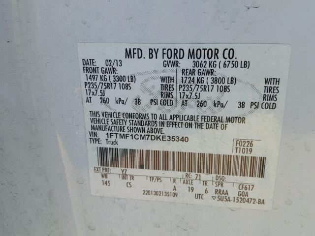 1FTMF1CM7DKE35340 - 2013 FORD F150 WHITE photo 10