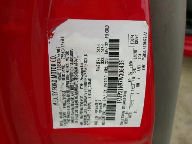 1FAFP31N97W306435 - 2007 FORD FOCUS ZX3 RED photo 10