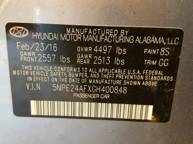 5NPE24AFXGH400848 - 2016 HYUNDAI SONATA SE GRAY photo 10