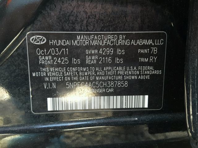 5NPEC4AC5CH387858 - 2012 HYUNDAI SONATA SE BLACK photo 10