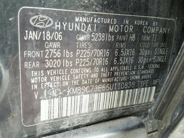 KM8SC73E66U110838 - 2006 HYUNDAI SANTA FE G GREEN photo 10