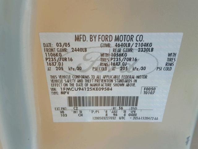 1FMCU94125KE09584 - 2005 FORD ESCAPE LIM GOLD photo 10