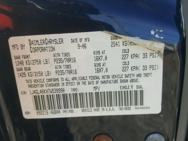 1J4GL48KX7W539990 - 2007 JEEP LIBERTY SP BLUE photo 10