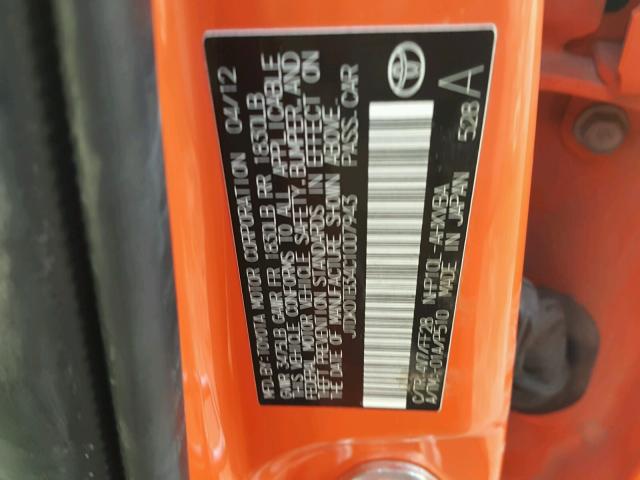 JTDKDTB34C1007943 - 2012 TOYOTA PRIUS C ORANGE photo 10