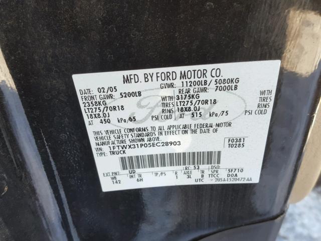 1FTWX31P05EC28903 - 2005 FORD F350 SRW S BLACK photo 10