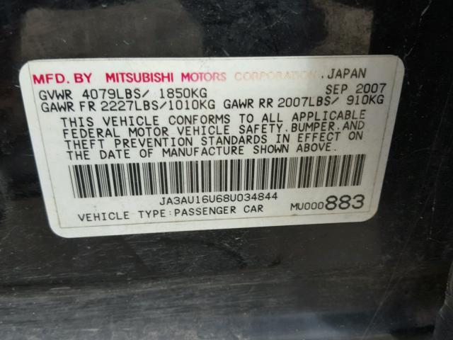 JA3AU16U68U034844 - 2008 MITSUBISHI LANCER DE BLACK photo 10