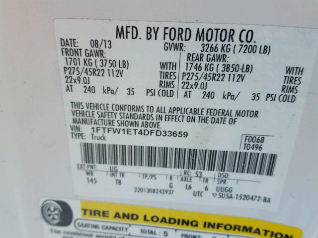 1FTFW1ET4DKD85395 - 2013 FORD F150 SUPER WHITE photo 10