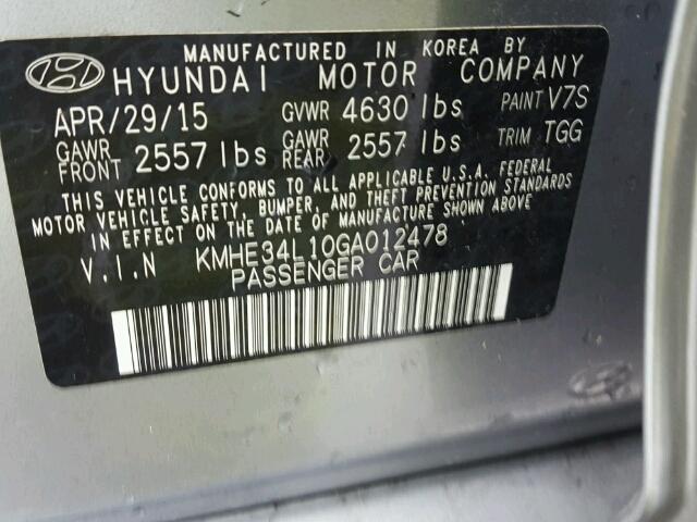 KMHE34L10GA012478 - 2016 HYUNDAI SONATA HYB GRAY photo 10