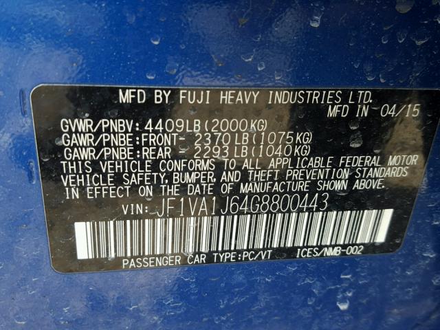 JF1VA1J64G8800443 - 2016 SUBARU WRX LIMITE BLUE photo 10