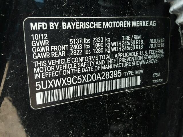 5UXWX9C5XD0A28395 - 2013 BMW X3 XDRIVE2 Czarny zdjęcie 10