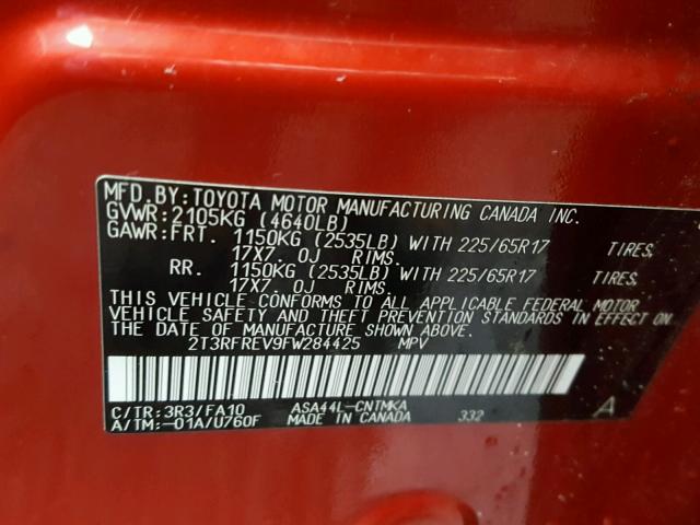 2T3RFREV9FW284425 - 2015 TOYOTA RAV4 XLE RED photo 10