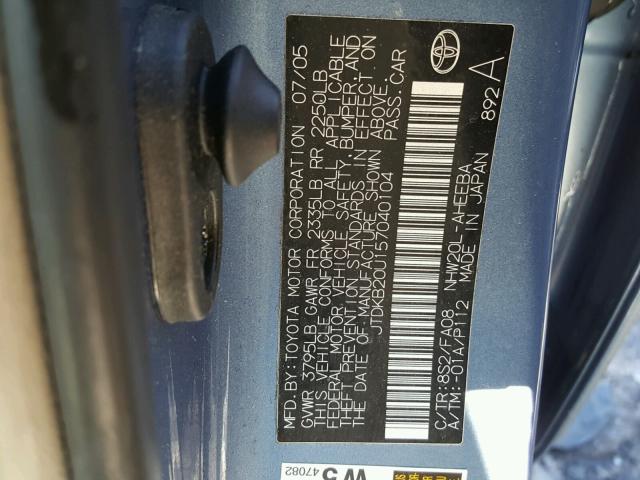 JTDKB20U157040104 - 2005 TOYOTA PRIUS BLUE photo 10