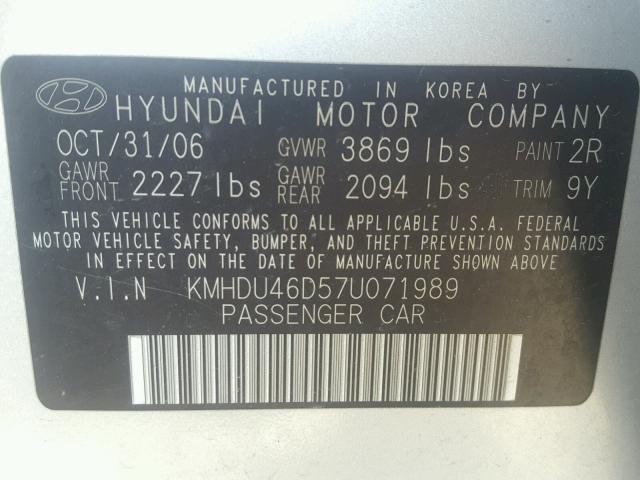 KMHDU46D57U071989 - 2007 HYUNDAI ELANTRA GL SILVER photo 10