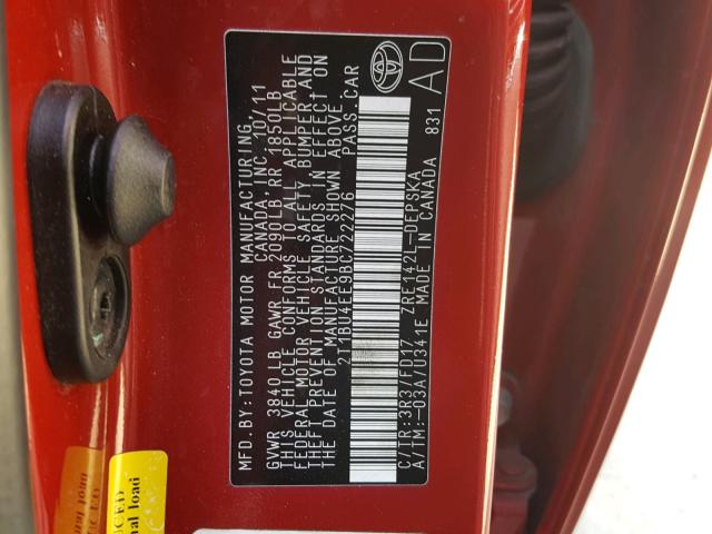 2T1BU4EE9BC722276 - 2011 TOYOTA COROLLA BA RED photo 10