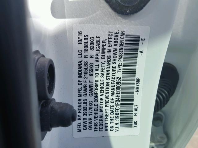 19XFC1F34HE000952 - 2017 HONDA CIVIC EX თეთრი ფოტო 10