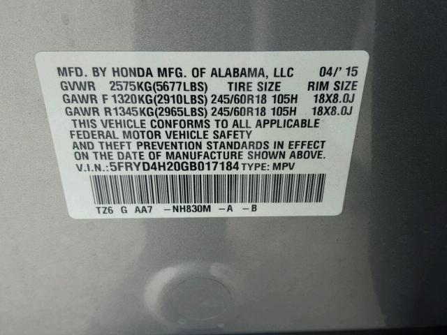 5FRYD4H20GB017184 - 2016 ACURA MDX SILVER photo 10