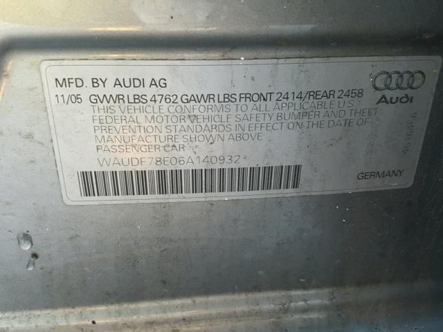 WAUDF78E06A140932 - 2006 AUDI A4 2.0T QU SILVER photo 10