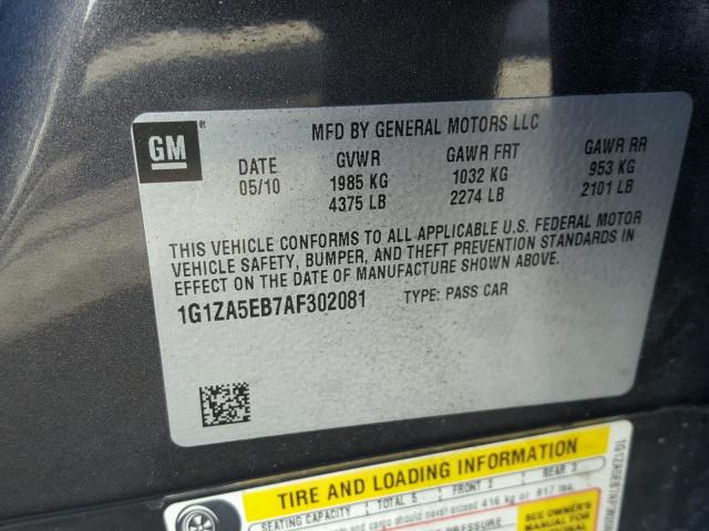 1G1ZA5EB7AF302081 - 2010 CHEVROLET MALIBU LS 石墨色 照片 10