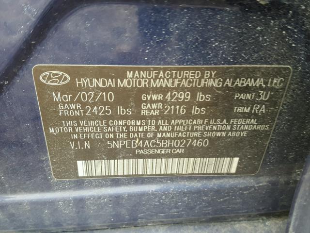 5NPEB4AC5BH027460 - 2011 HYUNDAI SONATA GLS BLUE photo 10