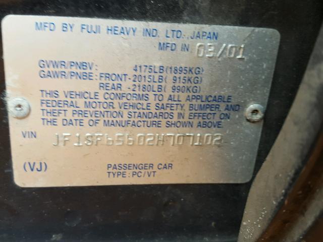 JF1SF65602H707102 - 2002 SUBARU FORESTER S შავი ფოტო 10