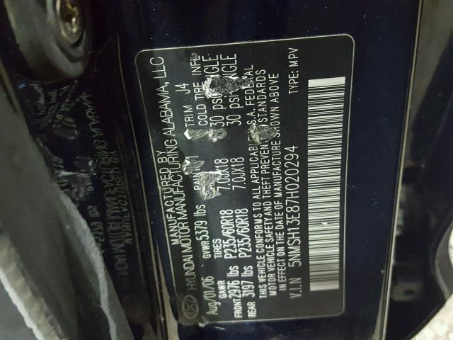 5NMSH13E87H020294 - 2007 HYUNDAI SANTA FE S BLUE photo 10