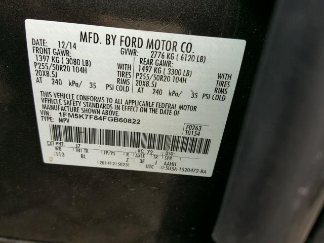 1FM5K7F84FGB60822 - 2015 FORD EXPLORER L GRAY photo 10