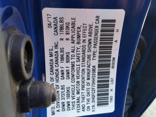 2HGFC2F73HH535804 - 2017 HONDA CIVIC EX BLUE photo 10