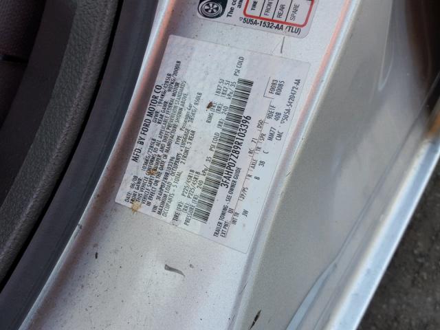 3FAHP07Z89R103396 - 2009 FORD FUSION SE SILVER photo 10