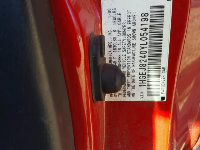 1HGEJ8240YL054198 - 2000 HONDA CIVIC EX წითელი ფოტო 10