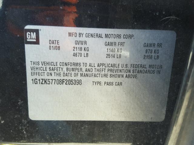 1G1ZK57708F205398 - 2008 CHEVROLET MALIBU LTZ 黑色 照片 10