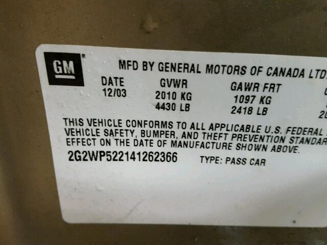 2G2WP522141262366 - 2004 PONTIAC GRAND PRIX Qızıl foto 10