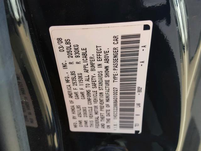 1HGCS22868A010027 - 2008 HONDA ACCORD EXL BLACK photo 10