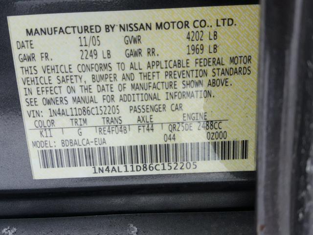 1N4AL11D86C152205 - 2006 NISSAN ALTIMA S GRAY photo 10