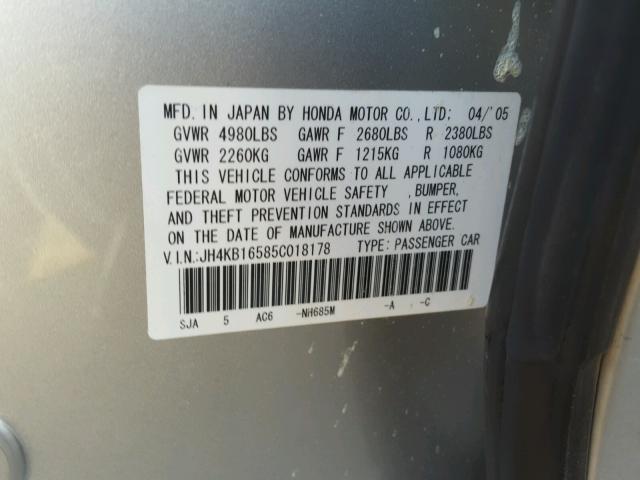 JH4KB16585C018178 - 2005 ACURA RL ვერცხლისფერი ფოტო 10