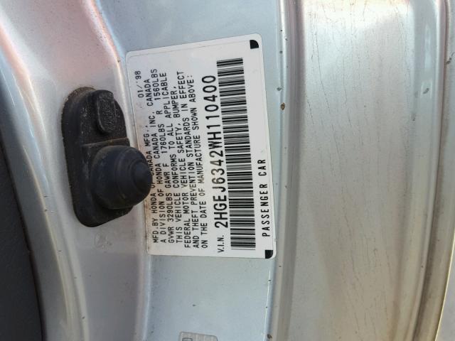 2HGEJ6342WH110400 - 1998 HONDA CIVIC DX SILVER photo 10