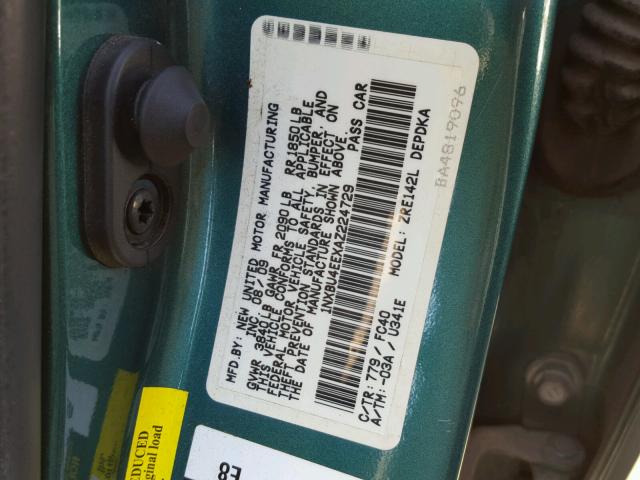 1NXBU4EEXAZ224729 - 2010 TOYOTA COROLLA BA GREEN photo 10