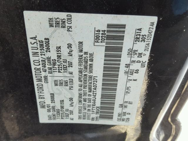 1FTYR44U42TA07371 - 2002 FORD RANGER SUP BLACK photo 10