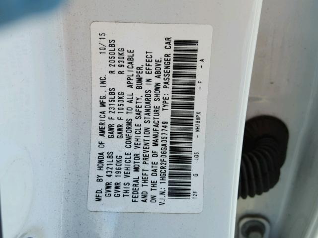 1HGCR2F06GA057749 - 2016 HONDA ACCORD EX WHITE photo 10