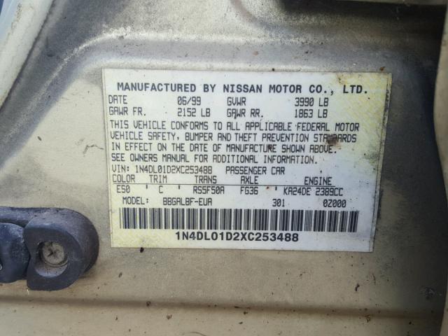 1N4DL01D2XC253488 - 1999 NISSAN ALTIMA XE GOLD photo 10