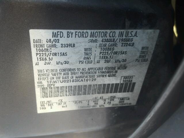 1FMYU02183KA10129 - 2003 FORD ESCAPE XLS GRAY photo 10