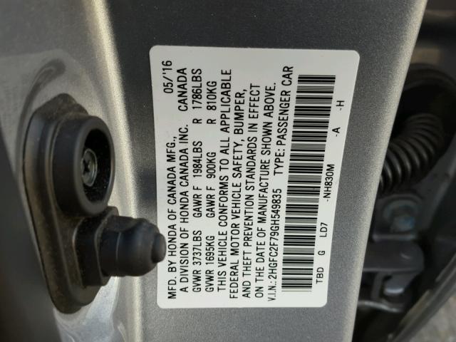 2HGFC2F79GH549835 - 2016 HONDA CIVIC EX SILVER photo 10